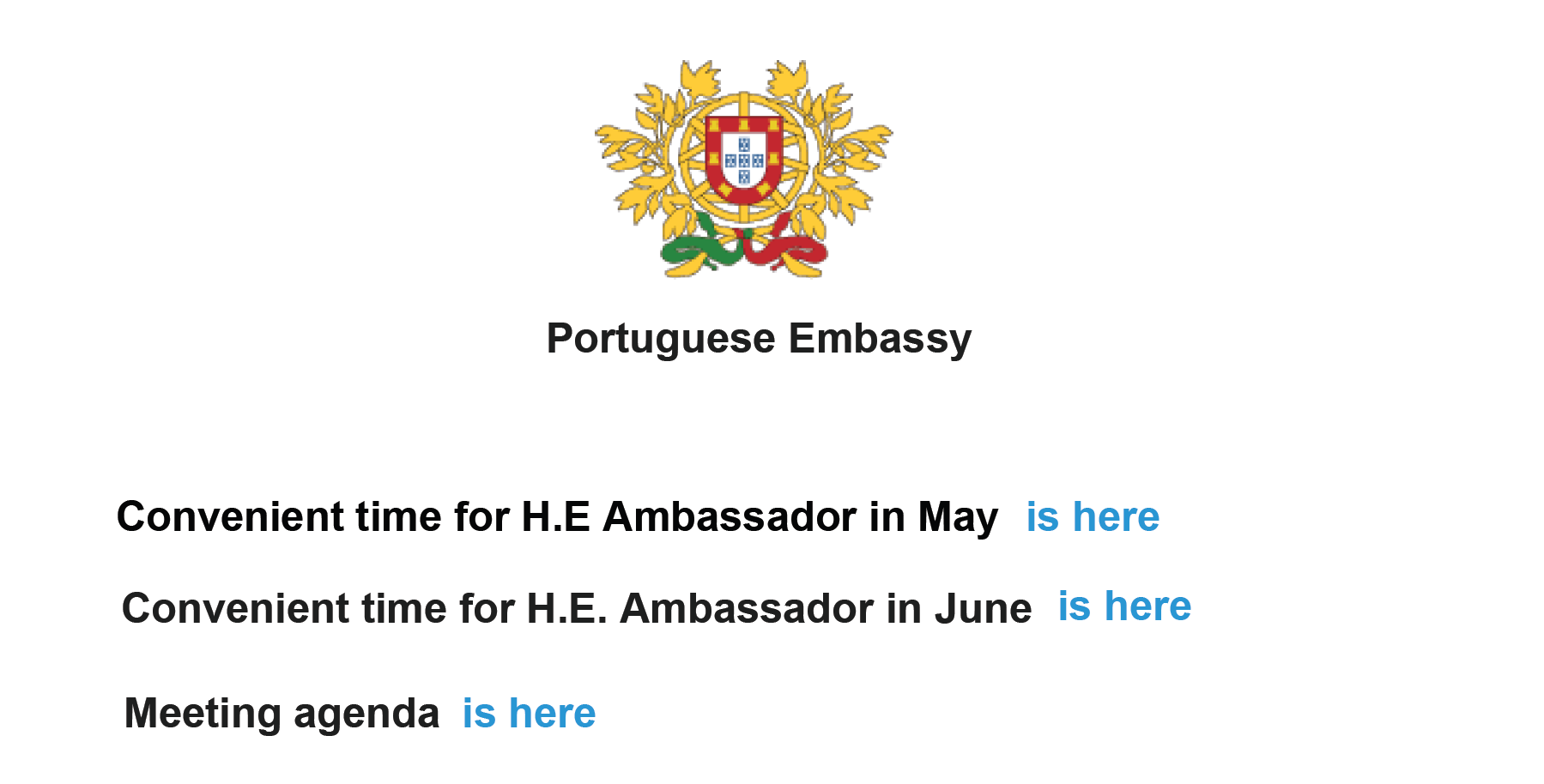 Portuguese Embassy lure file. The email shown appears to provide a link to an agenda for an upcoming meeting with an ambassador in Portugal.