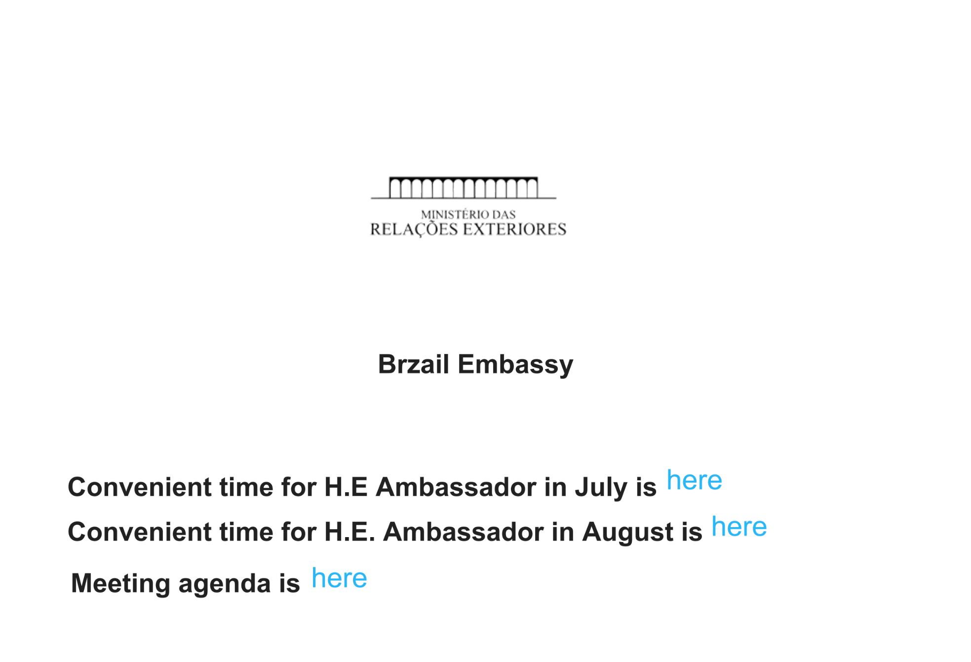 Campaign 2 lure file Agenda.pdf - Addressed to an embassy in Brazil, the screenshot shows the same supposed link to a meeting agenda. Notably, "Brazil" is misspelled as "Brzail." 