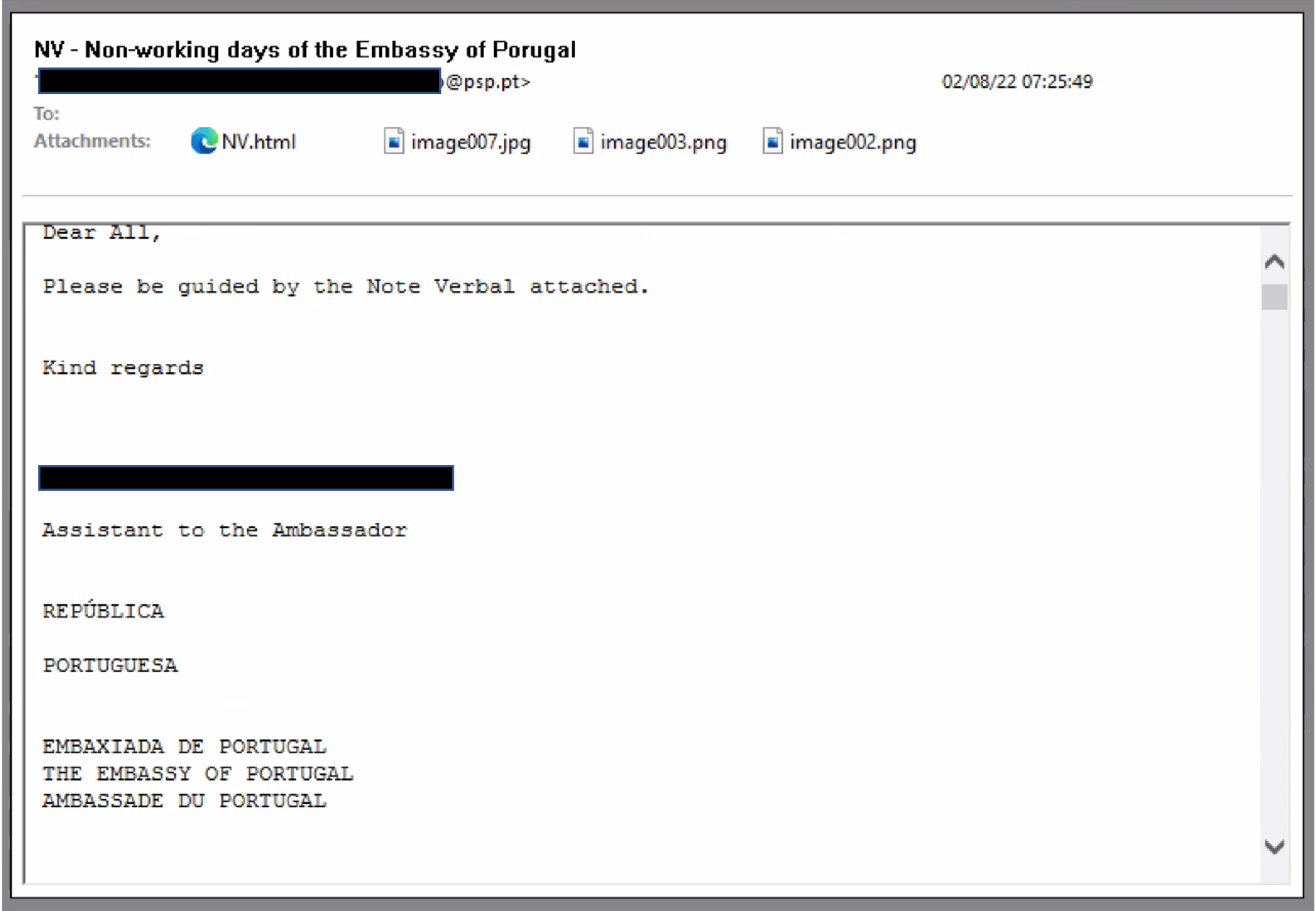 Email to Austrian Ministry of Foreign Affairs. The lure shown reads "NV - Non-working days of the Embassy of Portugal" and originated from a potentially compromised Portuguese government email account.