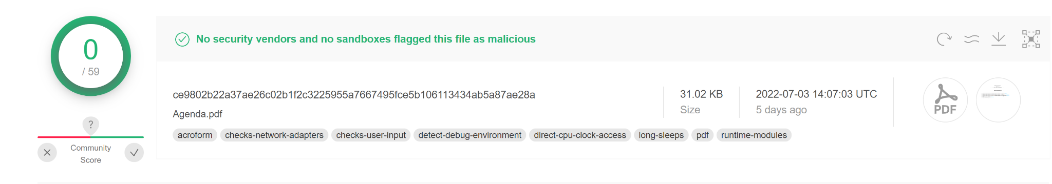 The screenshot shows that the Campaign 2 lure file Agenda.pdf shows no detections in VirusTotal at the time of writing. 