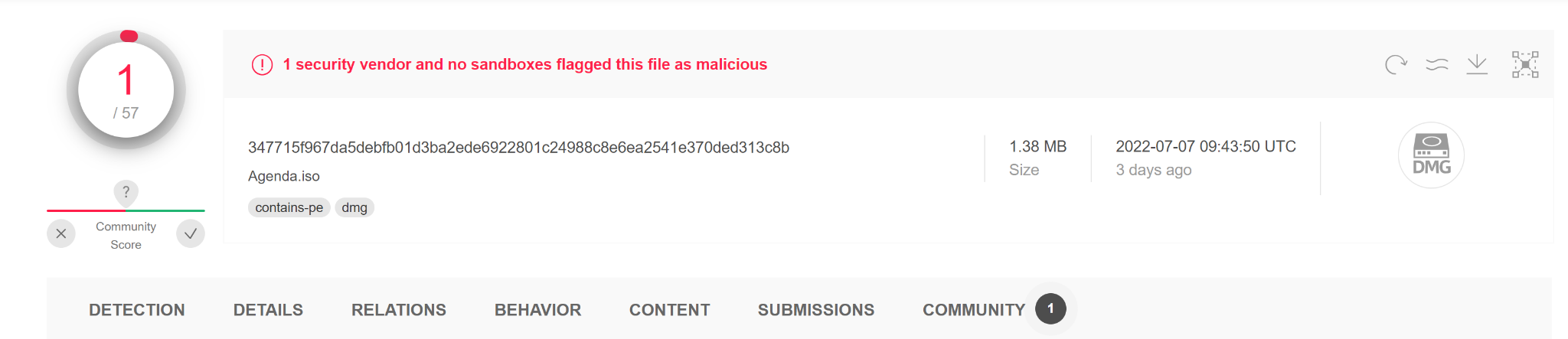 VirusTotal detections for Agenda.iso at the time of writing - "1 security vendor and no sandboxes flagged this file as malicious"