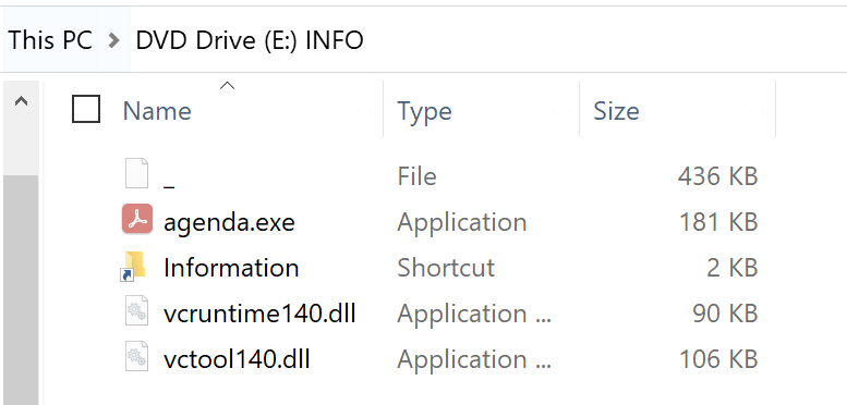 Agenda.iso contents; hidden files is enabled. Visible files now include the underscore file, agenda.exe, Information.lnk, vcruntime140.dll and vctool140.dll