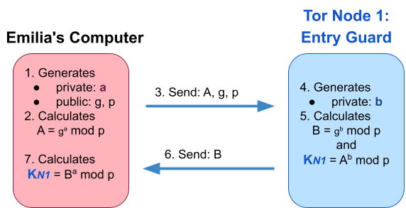 Figure 3. How the basic DHE protocol for key exchange would look between Emilia’s computer and the Tor guard node. Note that in practice ECDHE (DHE with elliptic curve crypto) is used with node authentication.
