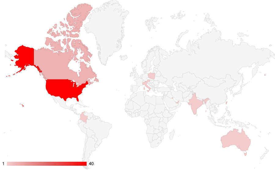 Geographic distributions of organizations targeted by Cuba Ransomware, according to the group's leak site. Highest concentration is in the United States, followed by Canada, Italy, Australia, and other countries around the world.