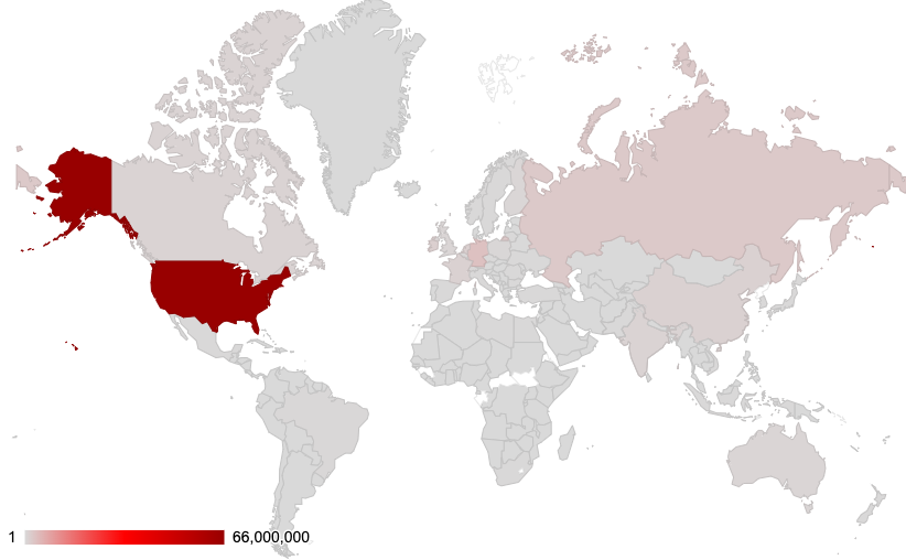 Heat map showing where attacks appear to originate. The United States is deepest red, followed by Germany and Russia.