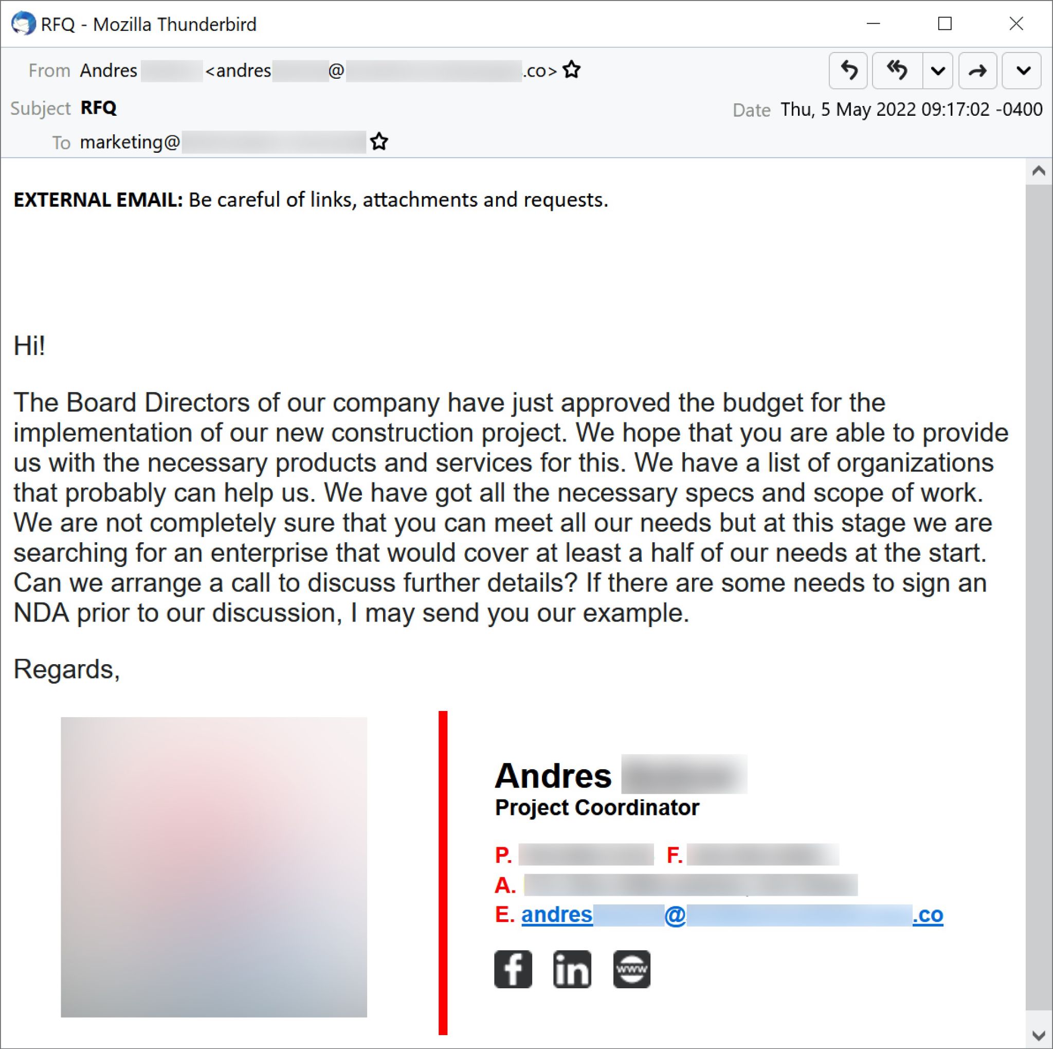 Screenshot of initial email sent by Projector Libra on May 5, 2022. It spoofs an employee named Andres from a regional gas company in the United States and includes text that claims to require that an NDA be signed, along with an offer to send an example of the document. 