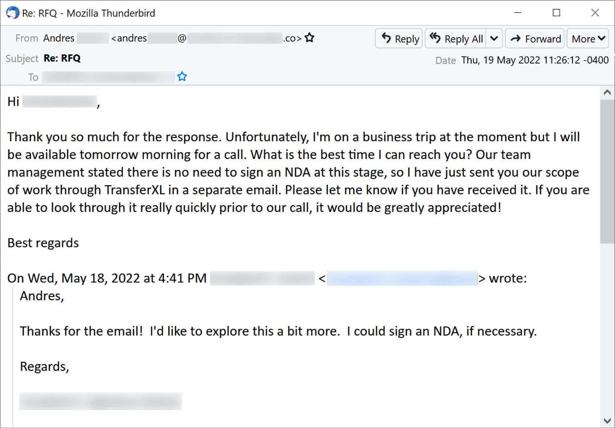 After receiving a reply to the email shown in Figure 2 from a potential victim, Projector Libra responded with the email shown here. The email informs the recipient that there is no need to sign an NDA but claims that a scope of work document has been sent through TransferXL in a separate email. The email requests that the recipient reply that the file has been received and requests they look through it before a call. 