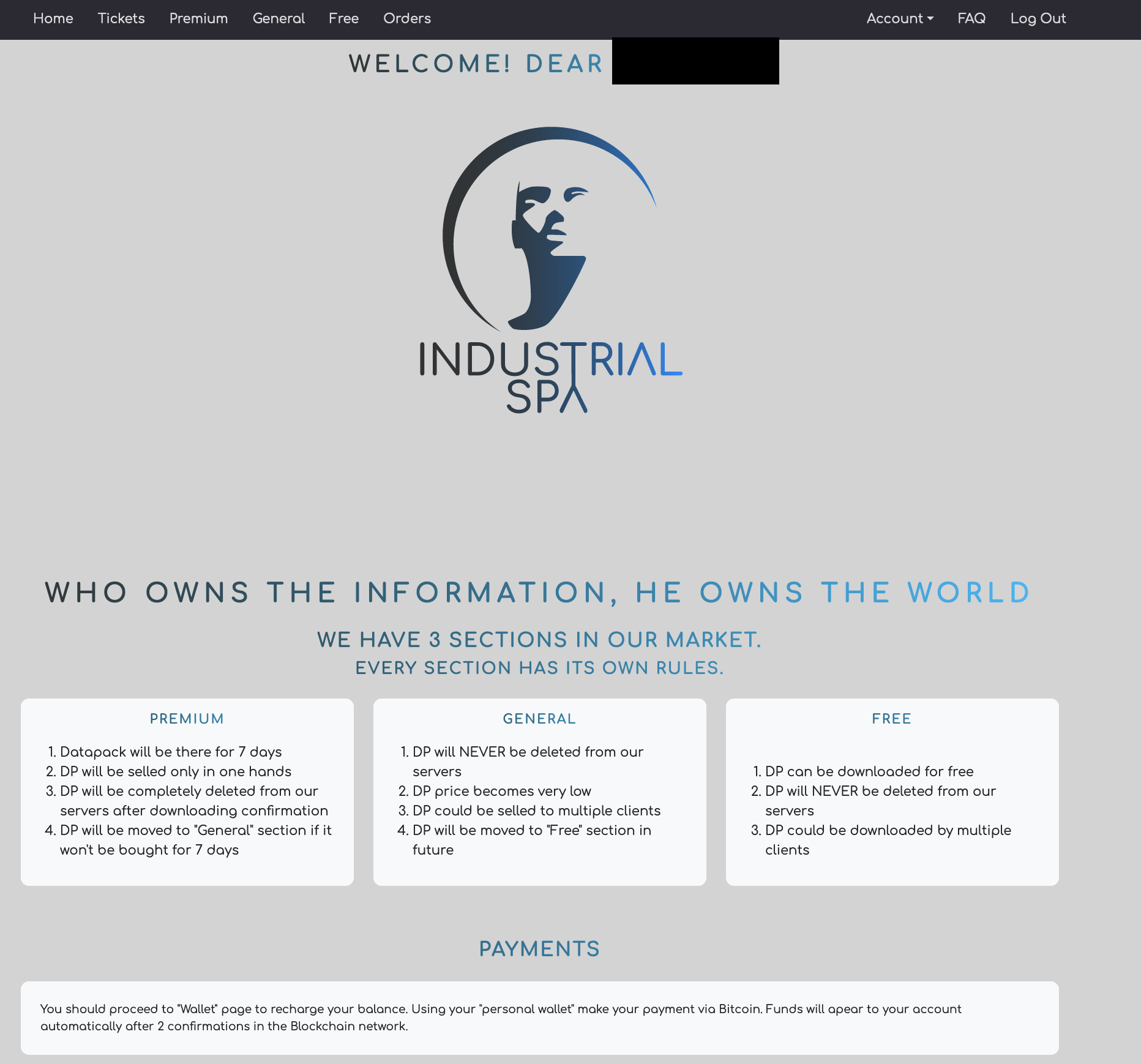 Industrial Spy landing page - "Who owns the information, he owns the world." The site is split into three sections: Premium, general and free. 