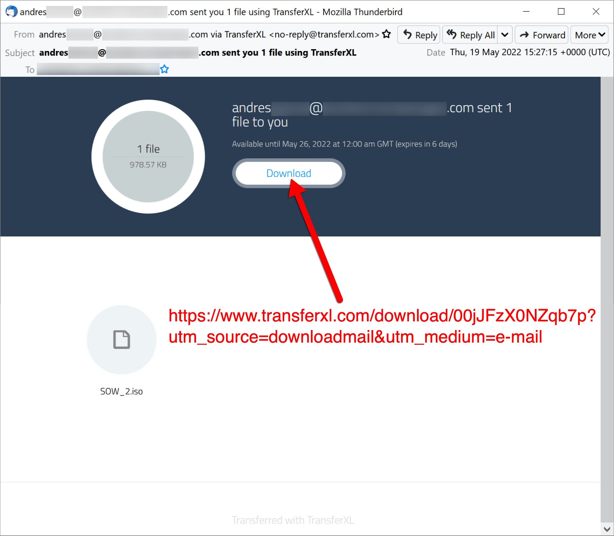 Screenshot of the TransferXL email sent by Projector Libra. A red arrow points to the download button and the link where the download is stored is written in red. 