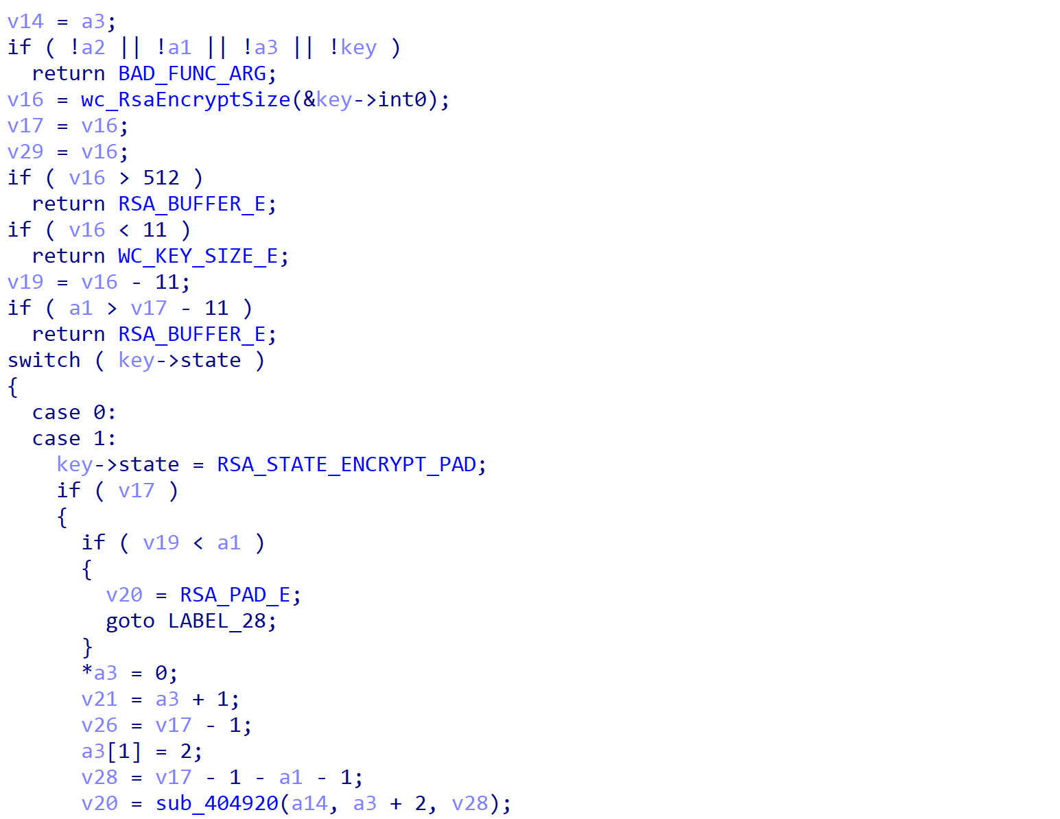 Code overlap between Cuba Ransomware and WolfSSL’s RSA encrypt functionality. The first line in the snippet is v14 = a3;