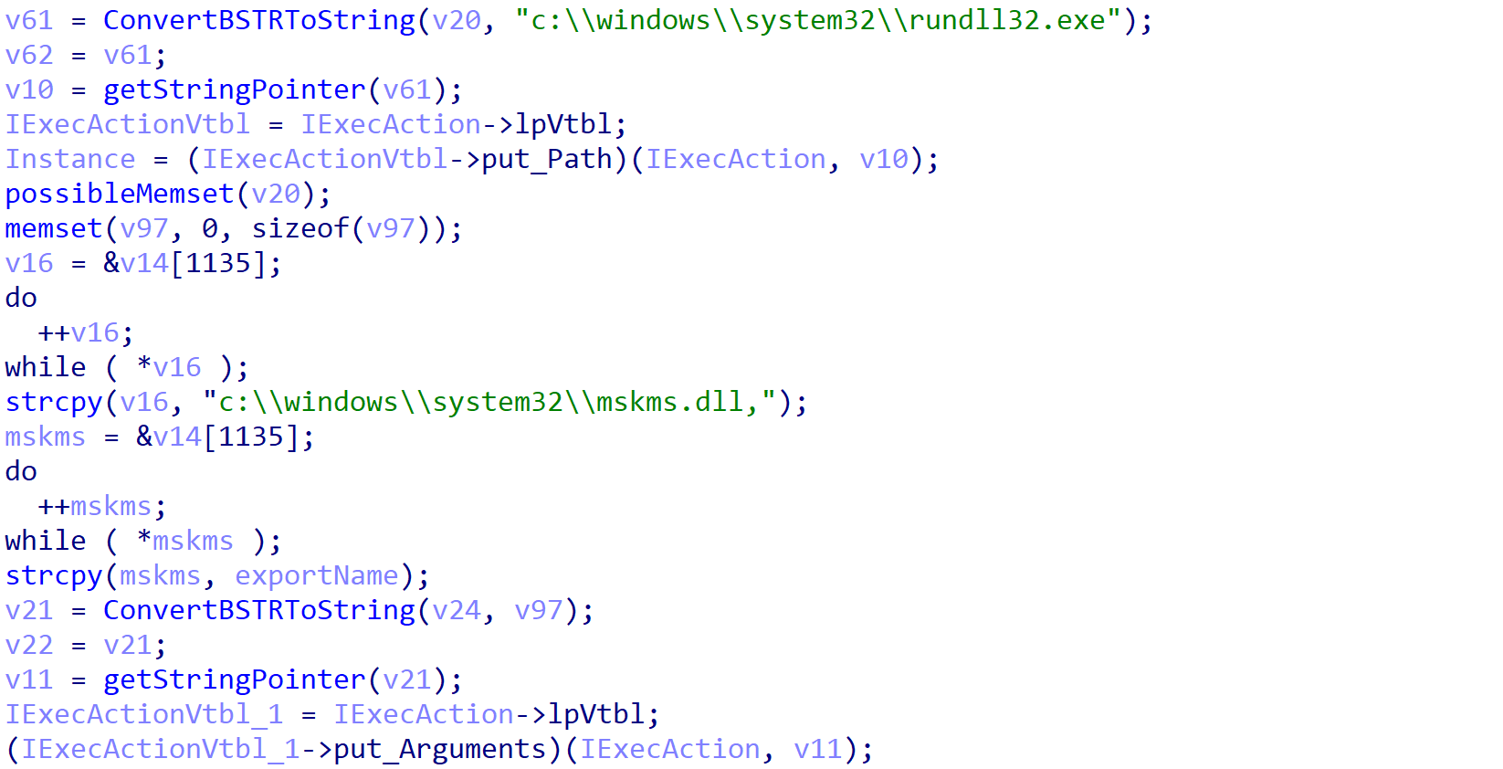 Finally, an action is set for the task, with the action path set to rundll32.exe and the argument set to C:Windowssystem32mskms.dll,ARGUMENT, where ARGUMENT is either startWorker or startInet, depending on the export passed.