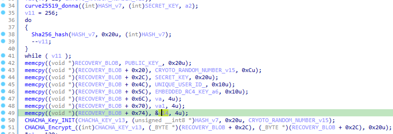The RECOVERY BLOB is encrypted with ChaCha20 as shown and stored in HKCUSoftware<32-byte ID >RECOVERY