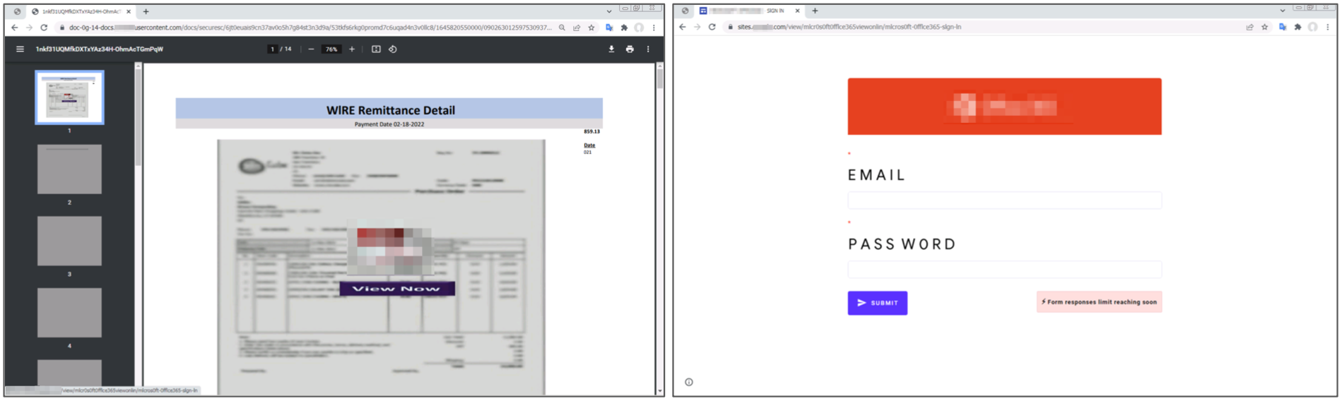 Left image shows a landing page for a phishing attack, hosted on a file-sharing site. Right shows a credential-stealing page built using a popular website building, linked to by the page on the left. 