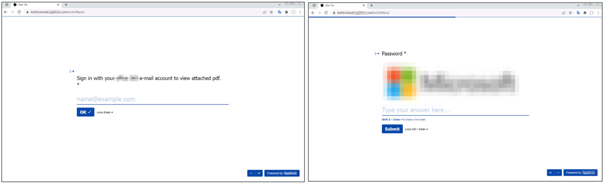 The left screenshot shows a credential-stealing page built using a popular form builder. This page attempts to collect the user's email address. The screenshot on the right shows the next step, an attempt to collect the user's password. 