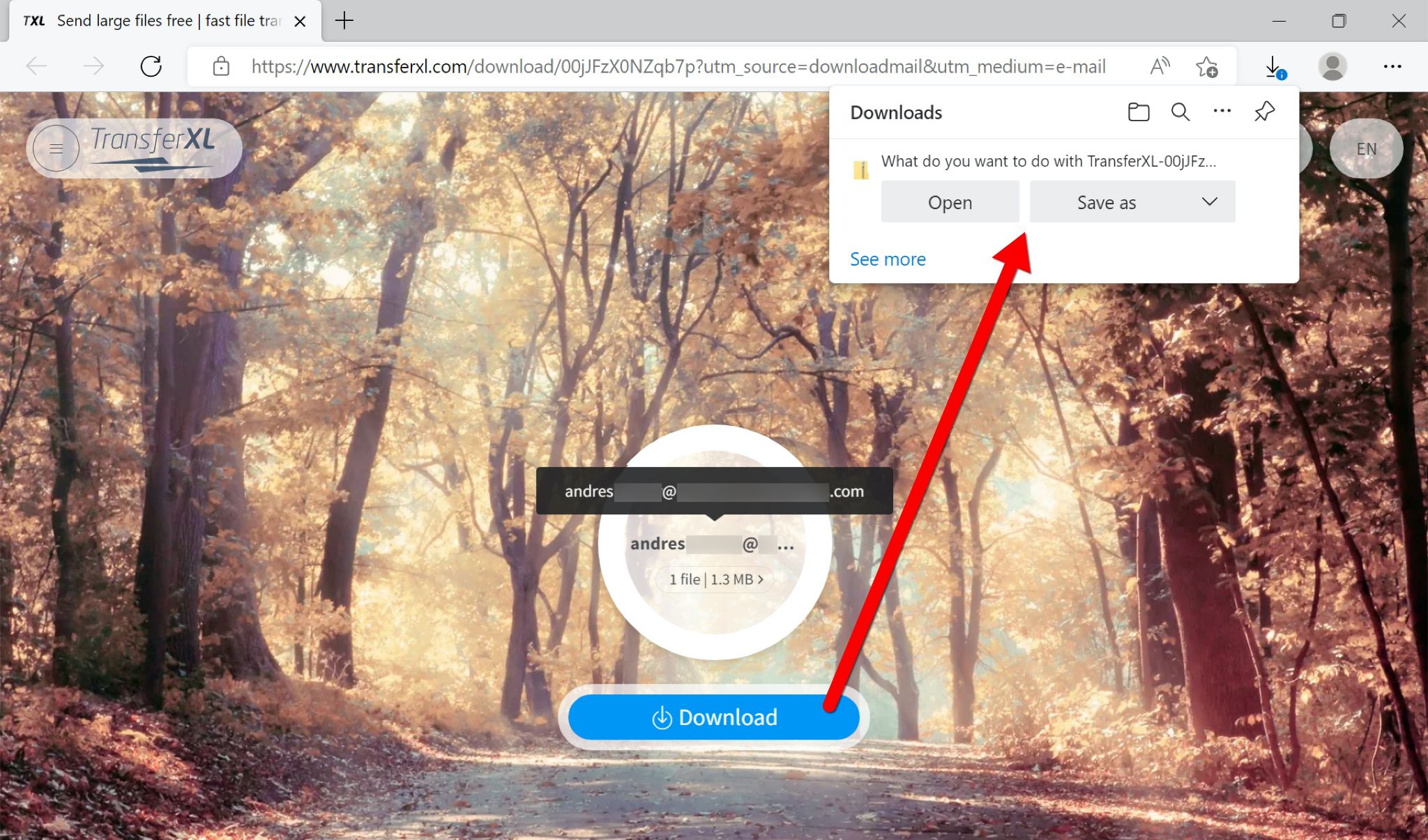 The screenshot shows the TransferXL URL from this case study opened in a web browser and downloading malware provided by Projector Libra. A red arrow points to the popup where the user is invited to open or save the malware. 