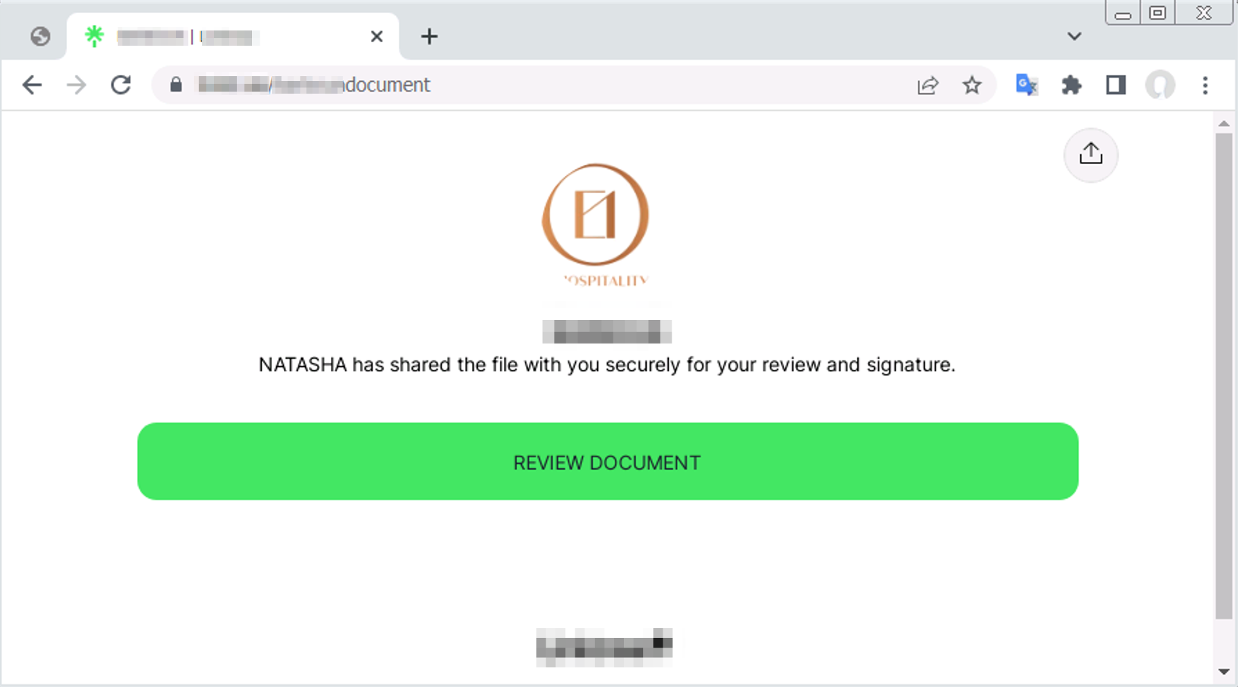 Landing page for a phishing attack created using a popular link-hosting platform. The copy on the web page purports to share a document for review and signature. 