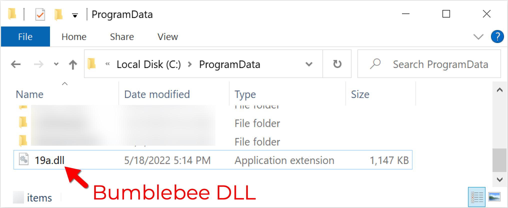 The extracted Bumblebee DLL file is saved to C:\ProgramData\19a.dll. The Bumblebee DLL is shown in the image by the large red arrow. 