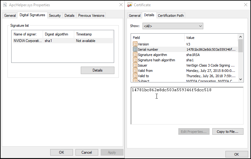 Kernel driver digital signature. The screenshot shows the signer as NVIDIA corp and also shows the serial number. 