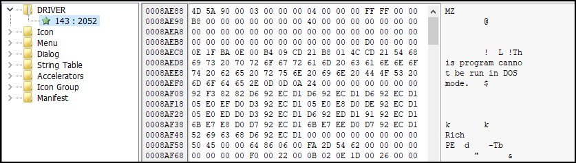 Kernel dropper resource section. The screenshot shows Driver  data-eio=