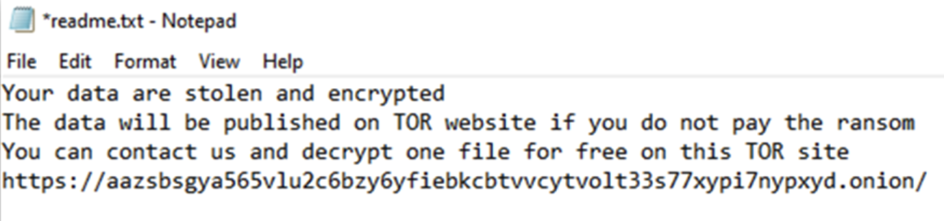 図4はreadme.txtファイル内のBlack Bastaの身代金要求メモです。メモには「Your data are stolen and encrypted. The data will be published on TOR website if you do not pay the ransom. You can contact us and decrypt one file for free on this TOR site.」と書かれ、.onionのアドレスが記載されています。