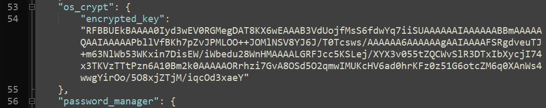 Example from Google Chrome of a password saved in the local state JSON file of Google Chrome. Visible phrases include os_crypt, encrypted_key and password_manager. 