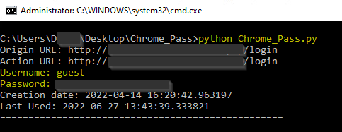 A proof of concept for recovering passwords that were saved in Chrome - the screenshot shows the outcome of python_Chrome_pass.py, with sensitive information redacted. 