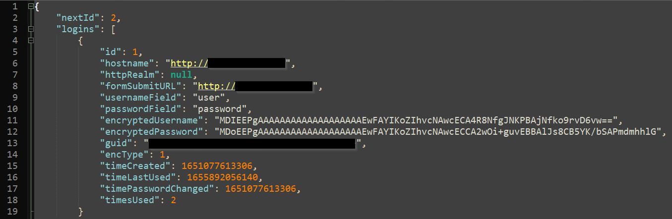 The screenshot shows encryptedUsername and encryptedPassword, among other logins data