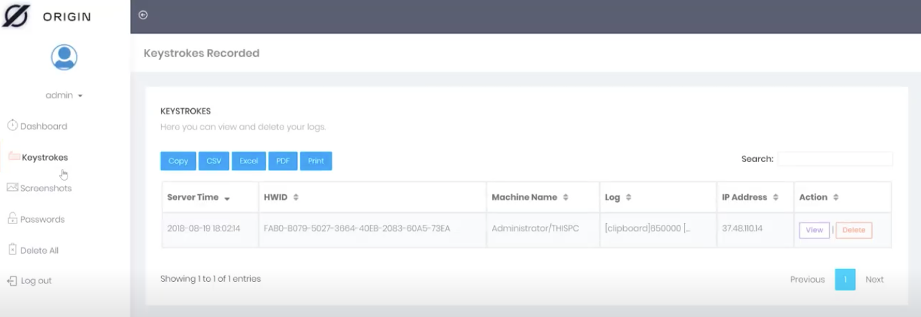 Screenshot of the Origin Logger web panel, with the "keystrokes" option selected. The panel shows where you can view and delete logs and includes info on Server Time, HWID, Machine Name, Log, IP Address. It offers actions including view/delete, copy, CSV, Excel, PDF and Print