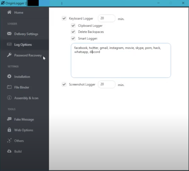 OriginLogger builder. The screenshot shots selections including Keyboard Logger (time), Clipboard Logger, Delete Backspaces, Smart Logger (which allows the user to input specific words such as facebook, twitter, gmail, etc.), Screenshot Logger (time)