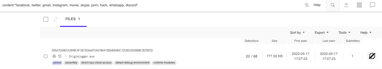 Searching on VirusTotal for the string "facebook, twitter, gmail, instagram, movie, skype, porn, hack, whatsapp, discord" leads to the file SHA256: 595a7ea981a3948c4f387a5a6af54a70a41dd604685c72cbd2a55880c2b702ed as shown