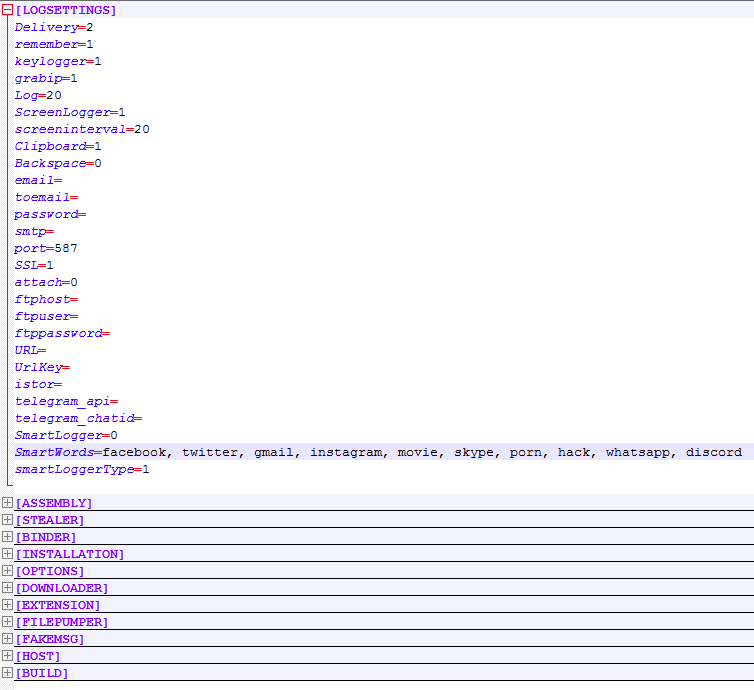 Settings.ini in OriginLogger includes logsettings such as Delivery, remember, keylogger, grabip, Log, ScreenLogger, screeninterval, Clipboard, Backspace, email, toemail, password, smtp, port, SSL, attach, ftphost, ftpuser, ftppassword, URL, UrlKey, istor, telegram_api, telegram_chatid, SmartLogger, SmartWords, smartLoggerType