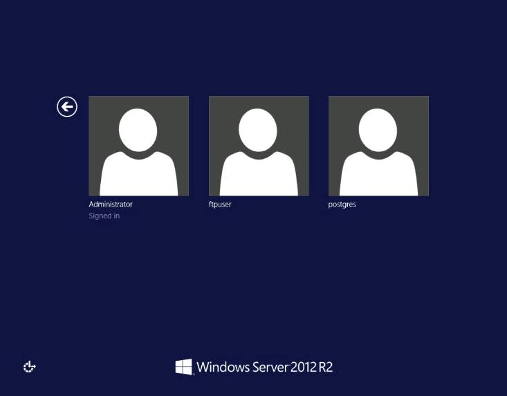 RDP login screen for 23.106.223[.]46 shows a Windows Server 2012 R2 server with multiple accounts - administrator, ftpuser and postgres