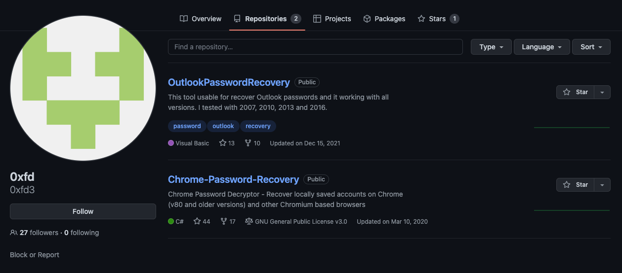 The two GitHub repositories associated with user 0xfd shown in the screenshot are OutlookPasswordRecovery and Chrome-Password-Recovery