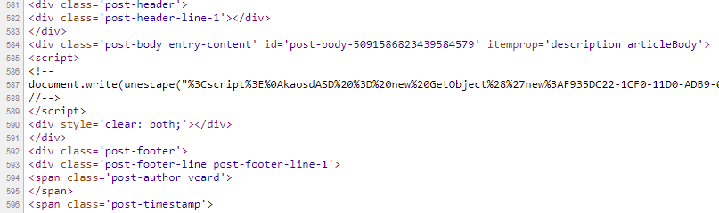 Hidden in a comment in the html of a legitimate-appearing website is an embedded obfuscated script. 