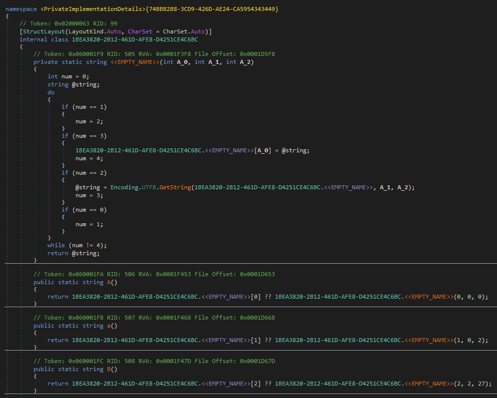 The screenshot shows the function responsible for carving out the string, followed by the beginning of the individual methods containing the offset and length. 