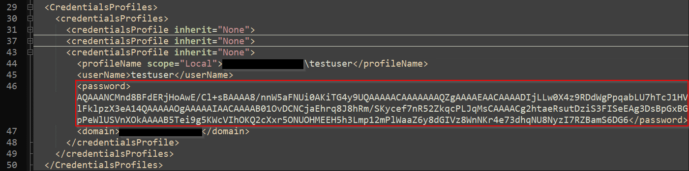 A red box highlights the contents of the Password tag in the credentialsProfile XML tags in RDCMan.settings