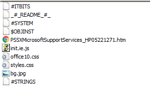 Contents of the decoy HTML help window include PSSXMicrosoftSupportServices_HP05221271.htm, the file of interest. 