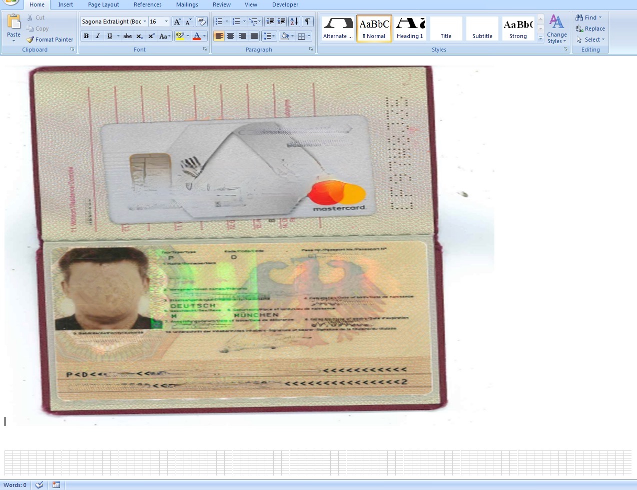 The Microsoft Word document displays a photo of a passport for a German citizen, along with a credit card. Numerous Excel worksheets appear below the image. 