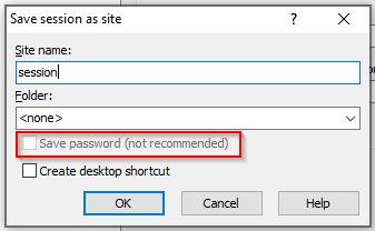The red box highlights the "Save password" option in WinSCP, which is specifically listed as "not recommended." 