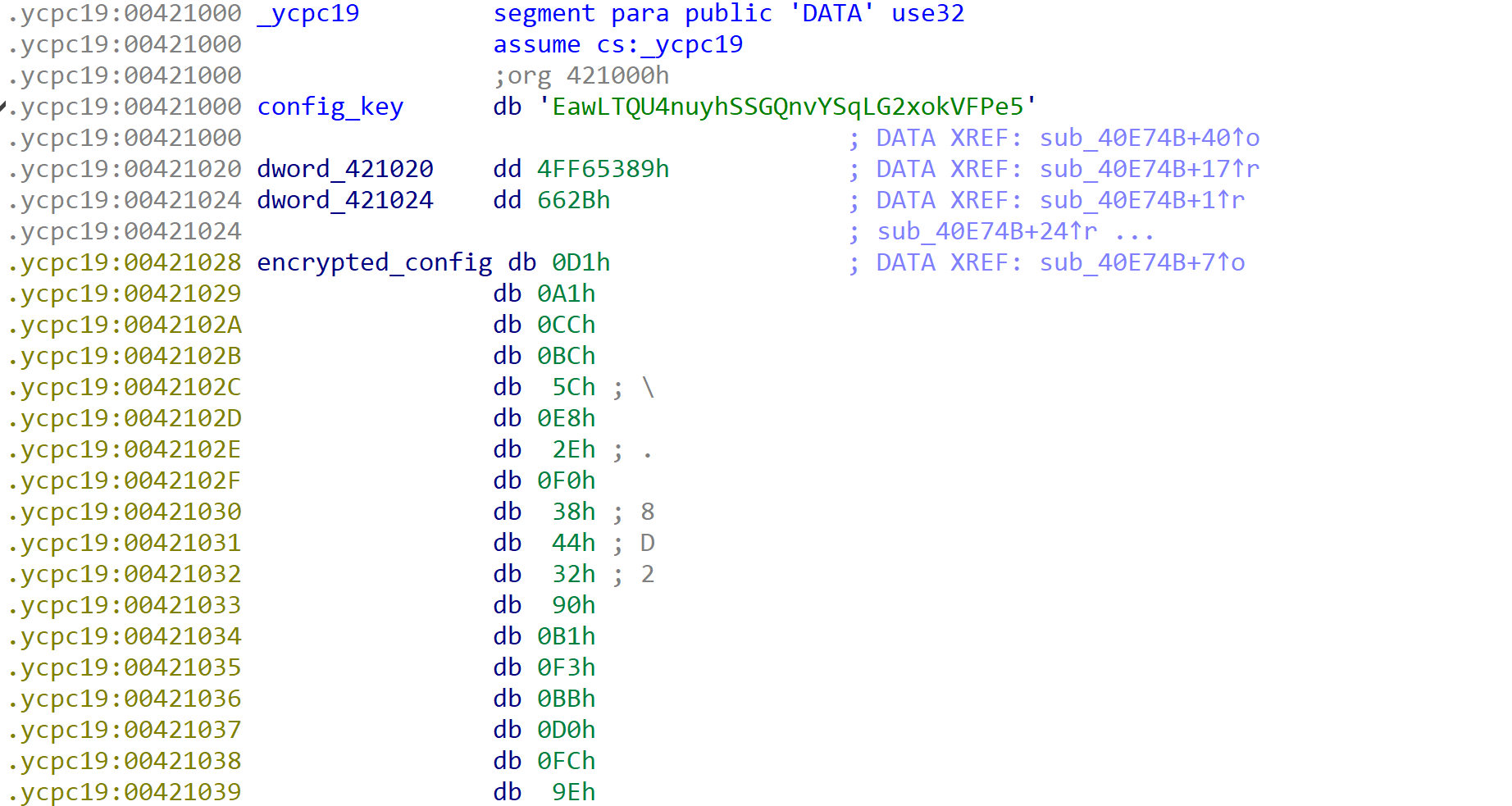 Code snippet showing REvil configuration storage, which differs slightly from Ransom Cartel encryption storage. 