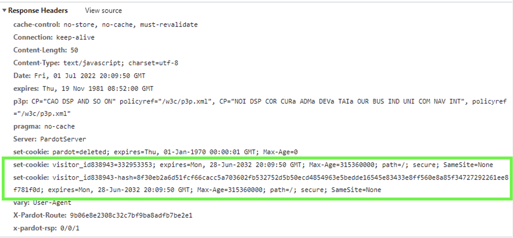 The HTTP response headers set the visit_id and visit_id<acountid>hash cookies.